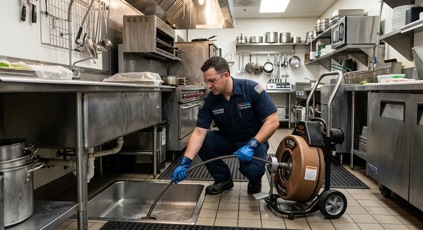 Commercial drain cleaning service in a restaurant kitchen in Ridley Park